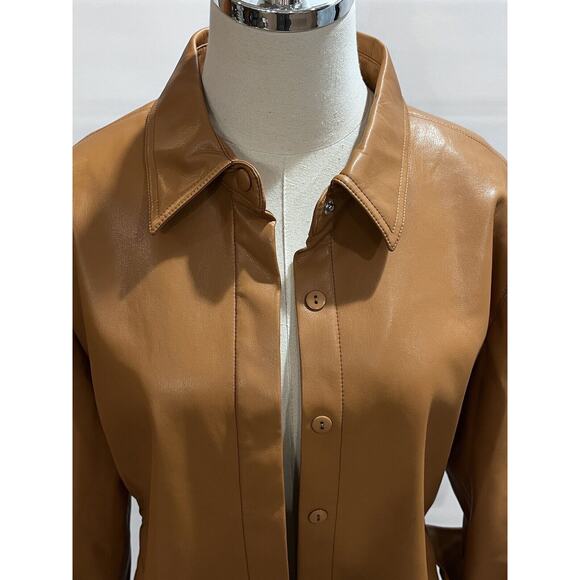 ELIE TAHARI Women's Vegan Leather Brown Caramel Button Down Shirt Jacket Lg New - Picture 6 of 16